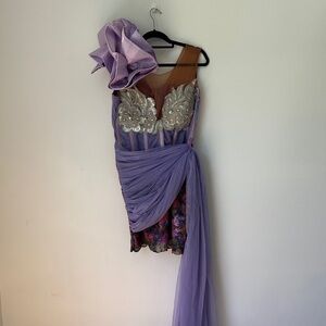 Elegant Purple and Silver Dress with Floral Accents